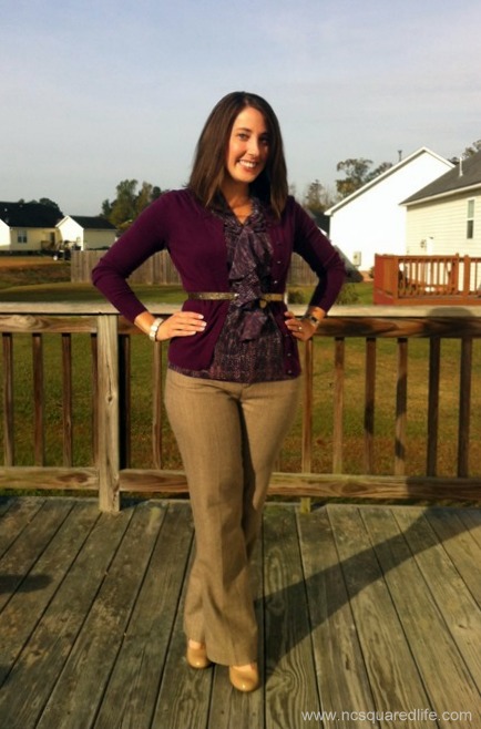 plum cardigan, purple ruffled blouse, glitter belt, tan trousers | NCsquared Life