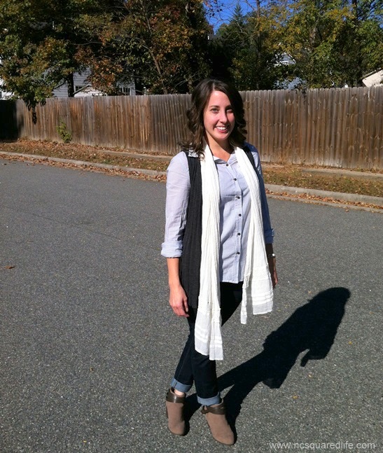 striped button-front, flowy vest, scarf and ankle boots (booties) | NCsquared Life