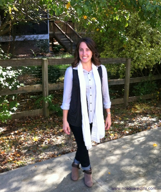 striped button-front, flowy vest, scarf and ankle boots (booties) | NCsquared Life