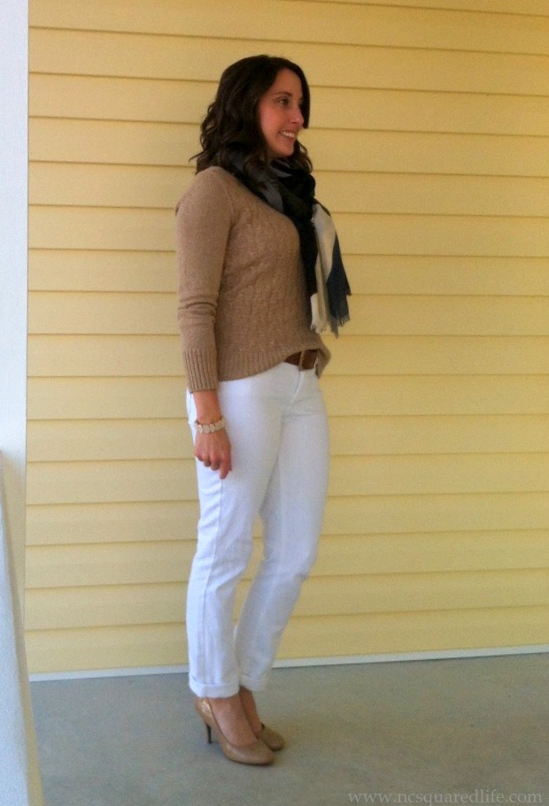 gold sweater, white pants, nude heels, scarf | NCsquared Life