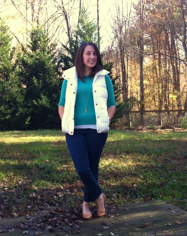 green sweater, white vest, cognac flats | NCsquared Life