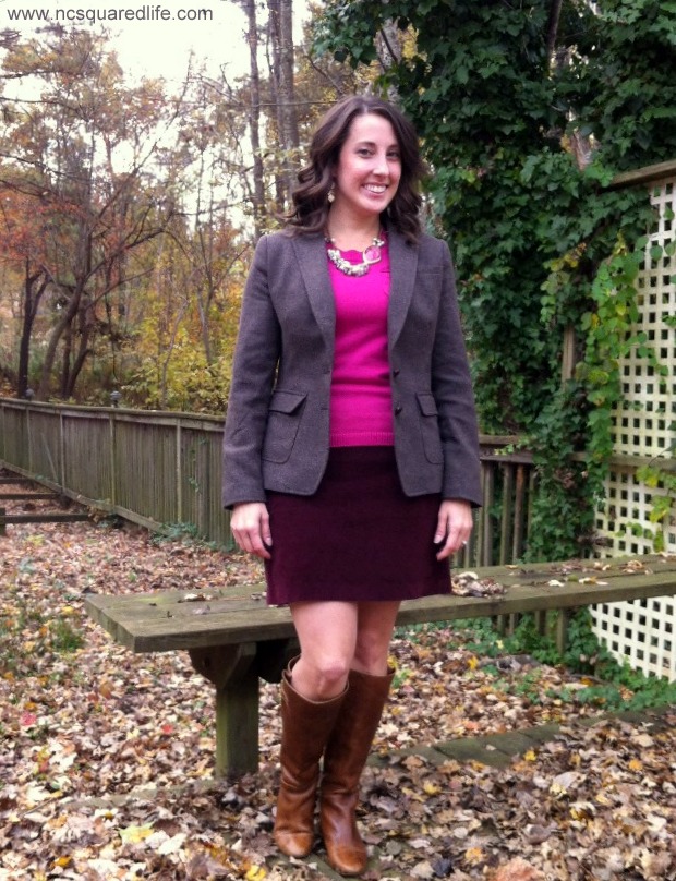 pink sweater, maroon corduroy miniskirt, boots, blazer | NCsquared Life