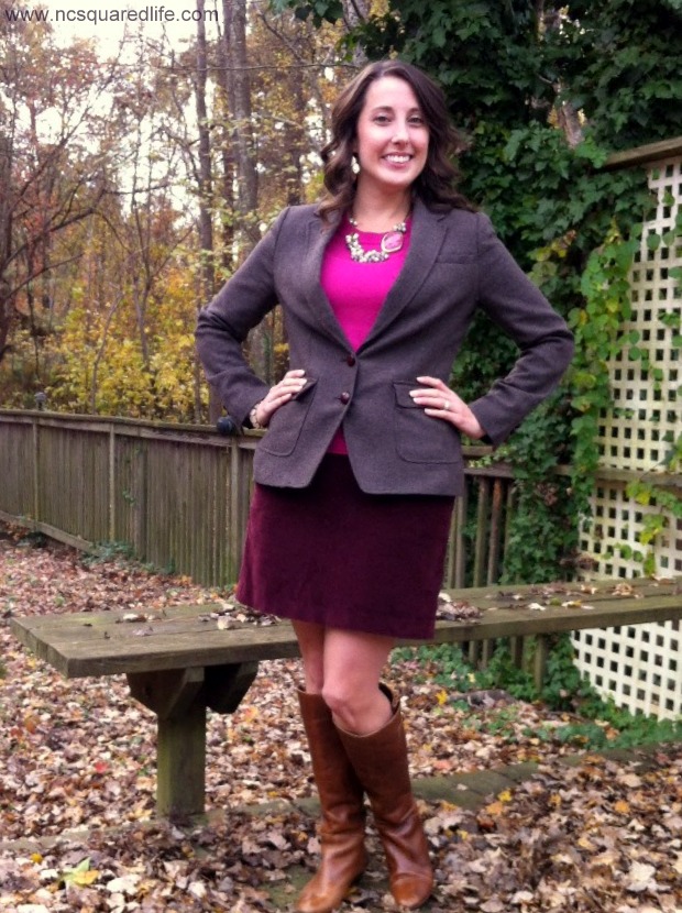 pink sweater, maroon corduroy miniskirt, boots, blazer | NCsquared Life