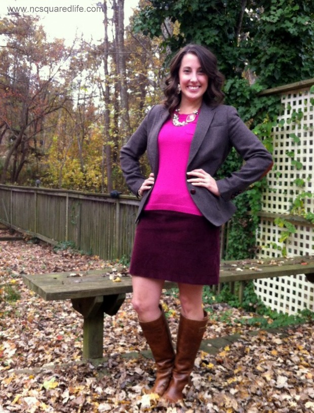 pink sweater, maroon corduroy miniskirt, boots, blazer | NCsquared Life 