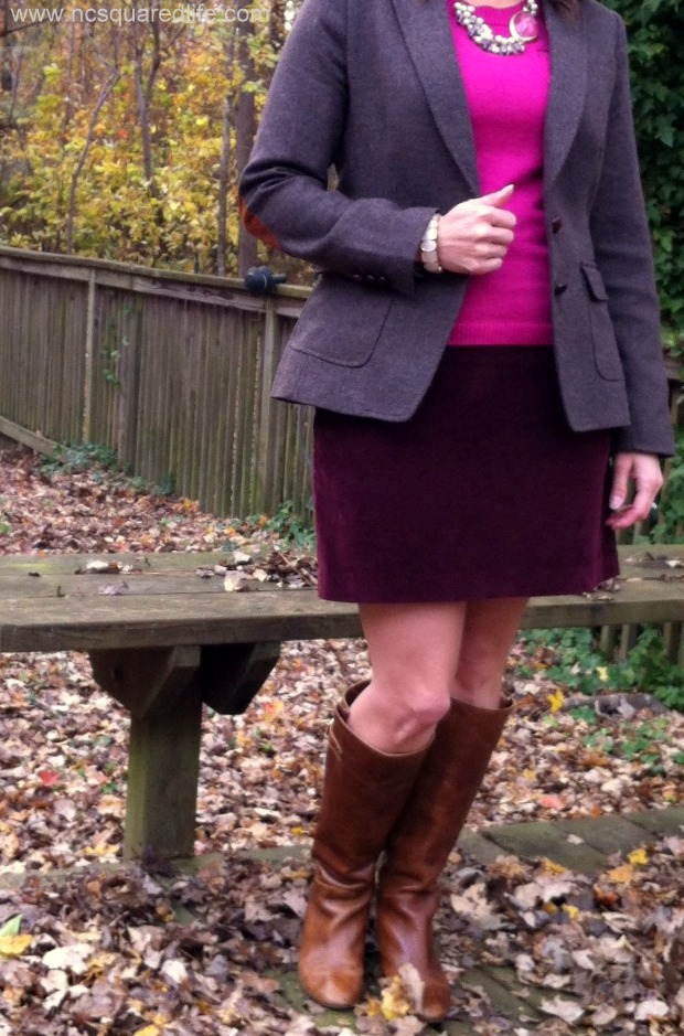 pink sweater, maroon corduroy miniskirt, boots, blazer | NCsquared Life