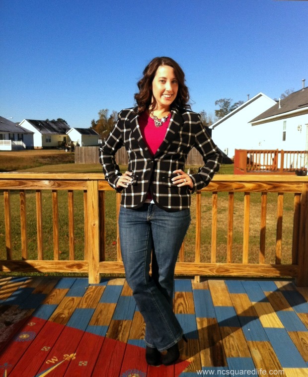 plaid blazer, pink sweater, jeans and booties | NCSquared Life