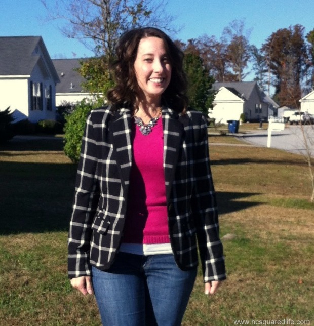 plaid blazer, pink sweater, jeans | NCSquared Life