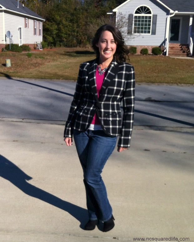 plaid blazer, pink sweater, jeans and booties | NCSquared Life