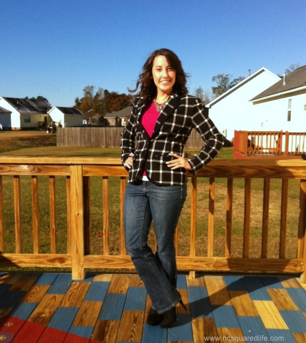 plaid blazer, pink sweater, jeans and booties | NCSquared Life