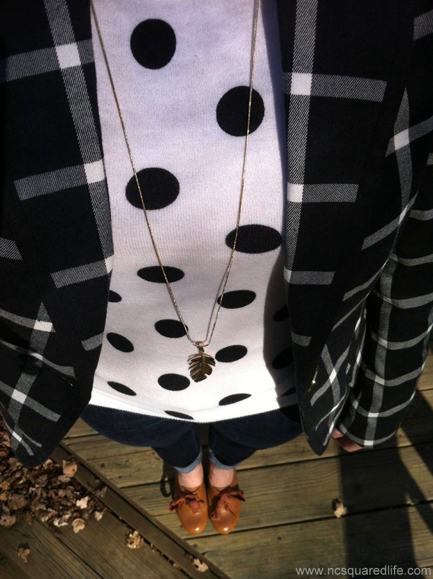 polka dots, plaid blazer, cognac oxfords | NCsquared Life