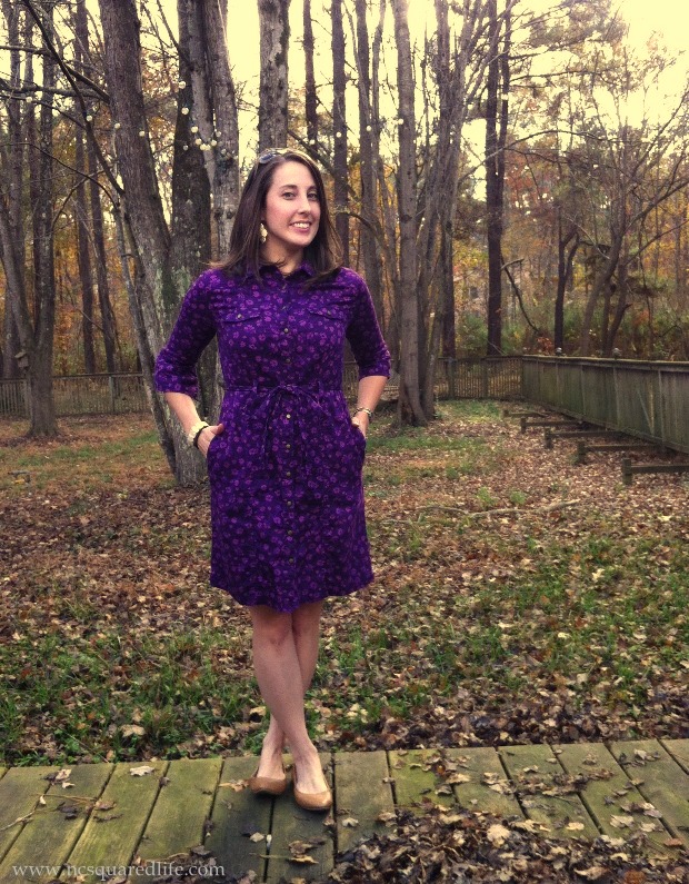 Purple shirt dress, cognac flats | NCsquared Life