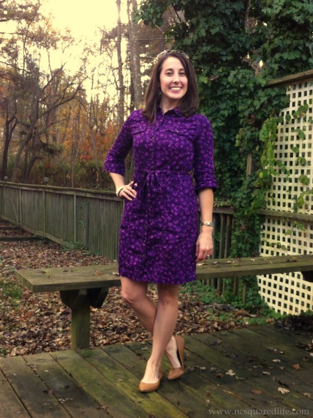 Purple shirt dress, cognac flats | NCsquared Life