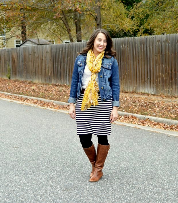 Black and white stripe skirt, denim jacket, yellow scarf and boots | NCsquared Life