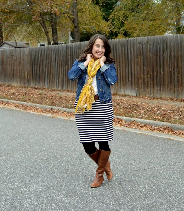 Black and white stripe skirt, denim jacket, yellow scarf and boots | NCsquared Life